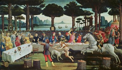 El banquete en el bosque de pinos: Escena III de La historia de Nastagio degli Onesti, c.1483 de Sandro Botticelli